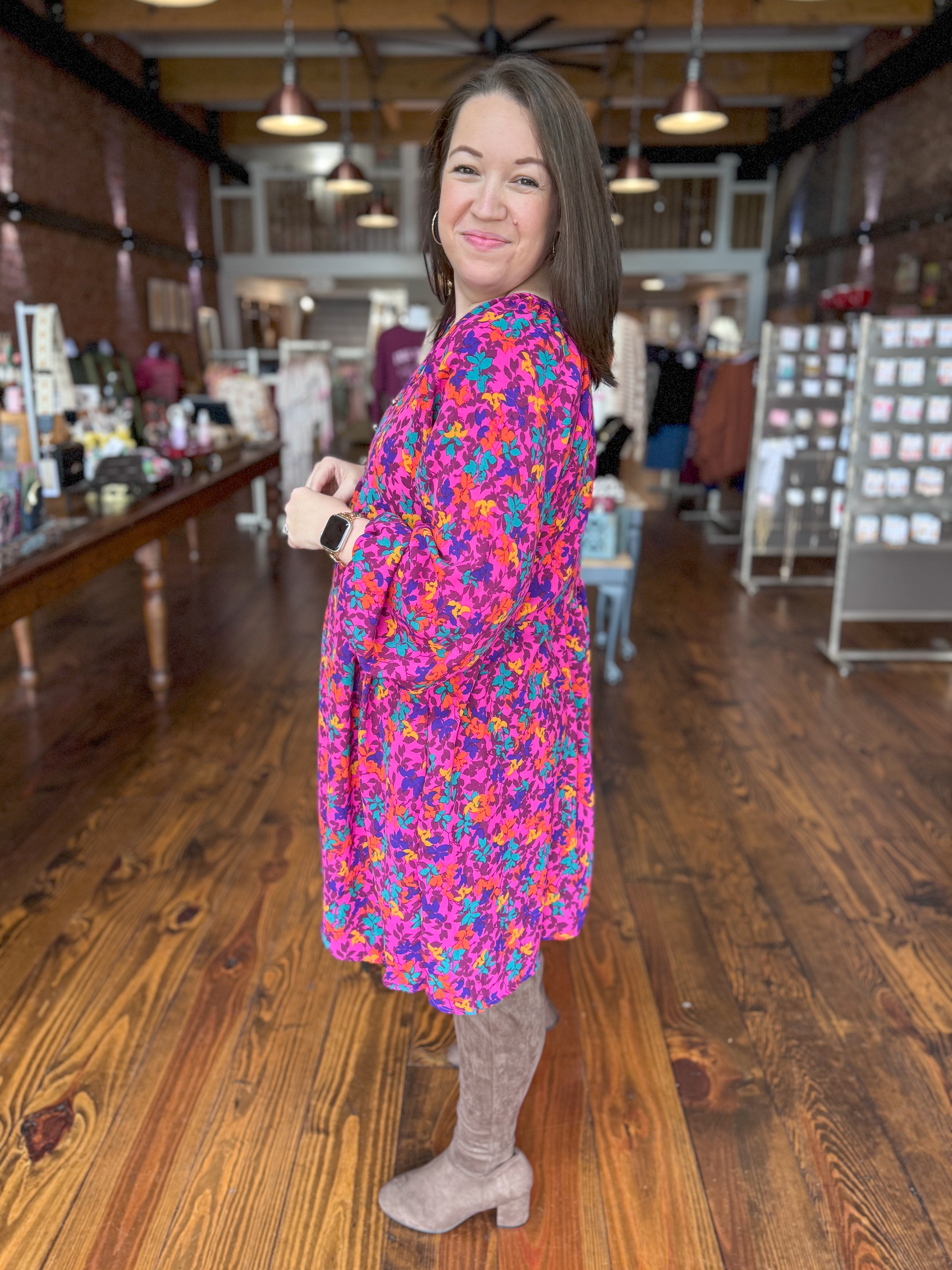 Magenta Leafy Floral Babydoll Dress