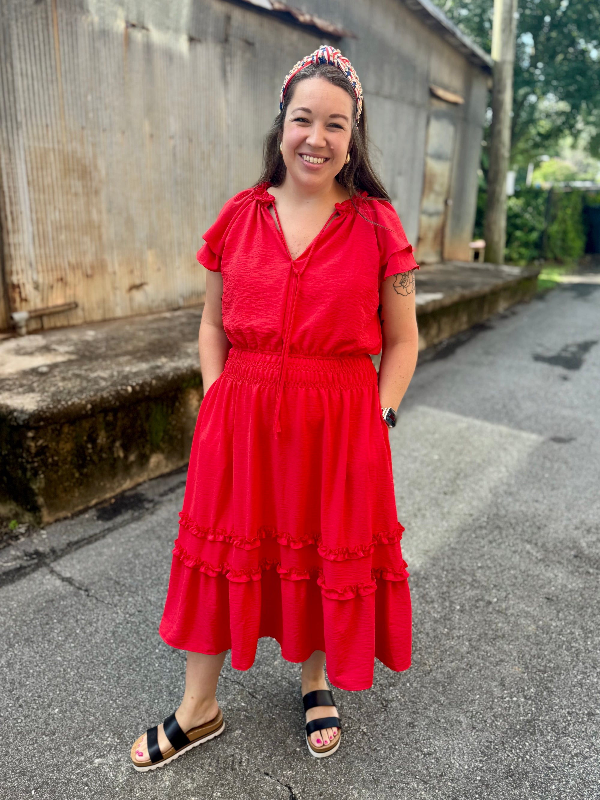 Ruffled in Red Midi Dress