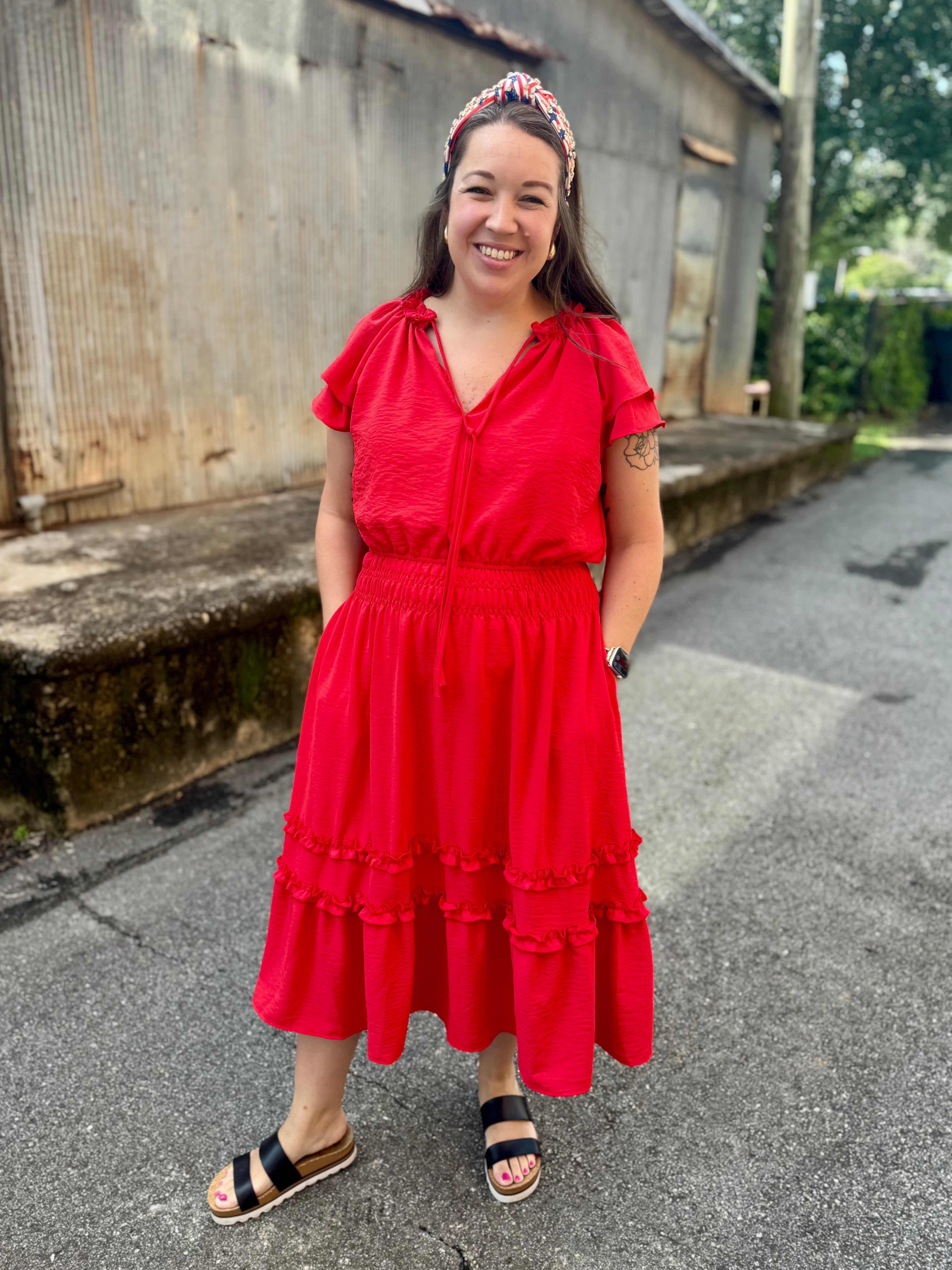 Ruffled in Red Midi Dress