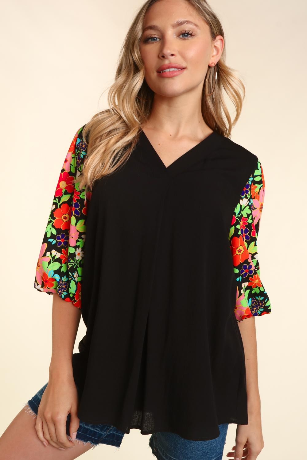 Black Blouse with Contrast Floral Sleeves