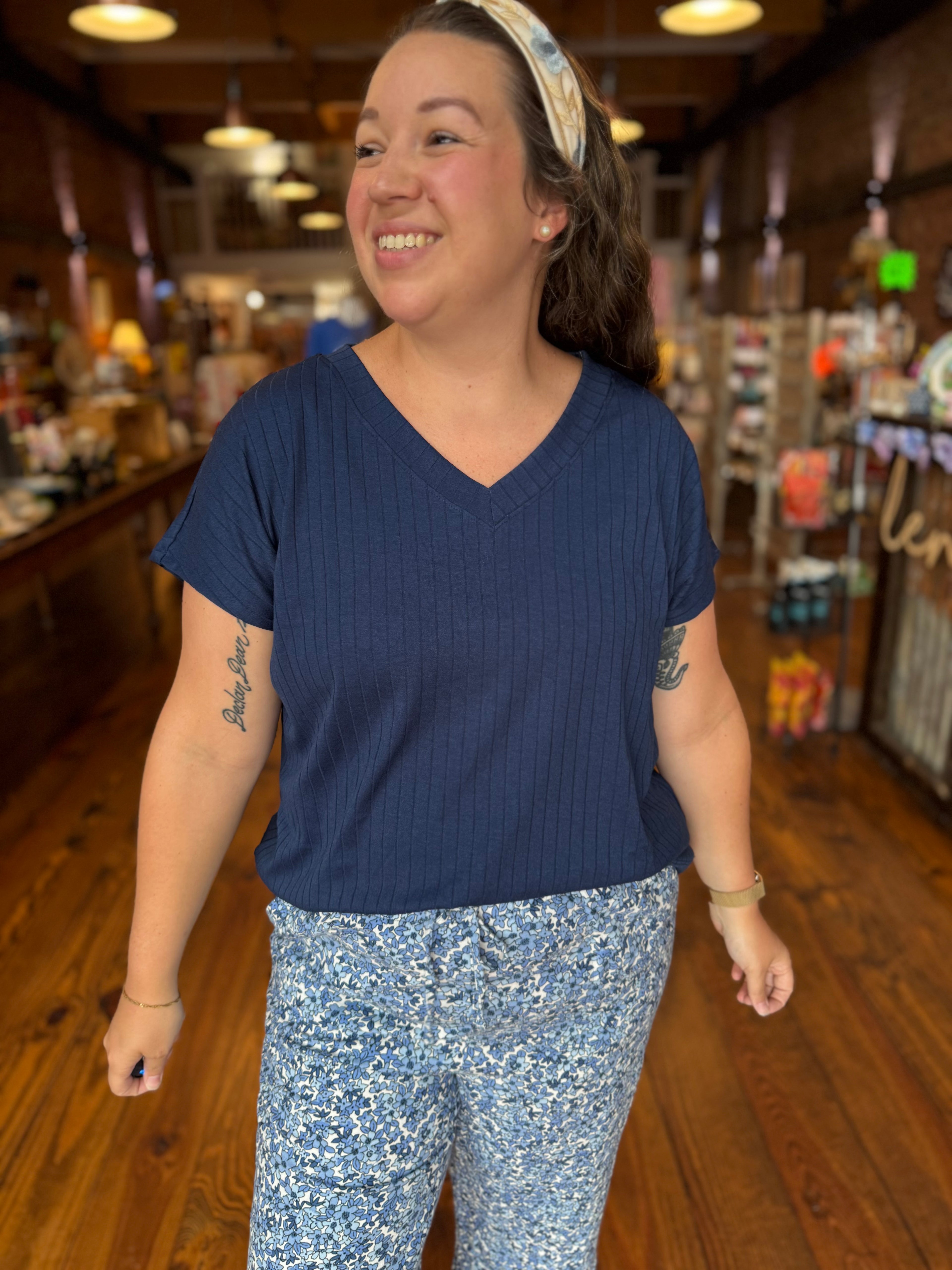 Camille Ribbed V Neck Top in Navy