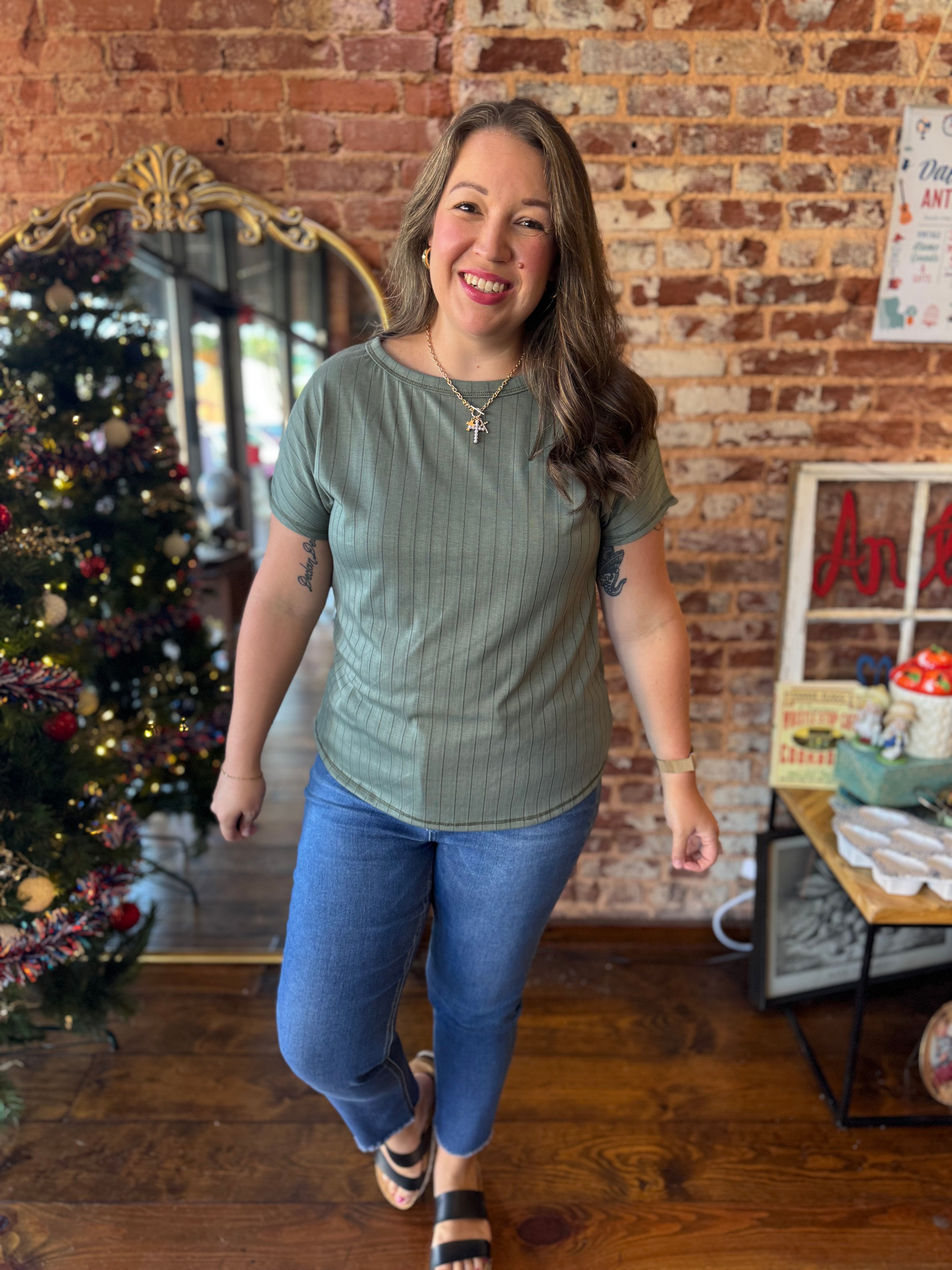 Tristan Ribbed Knit Top in Dark Sage