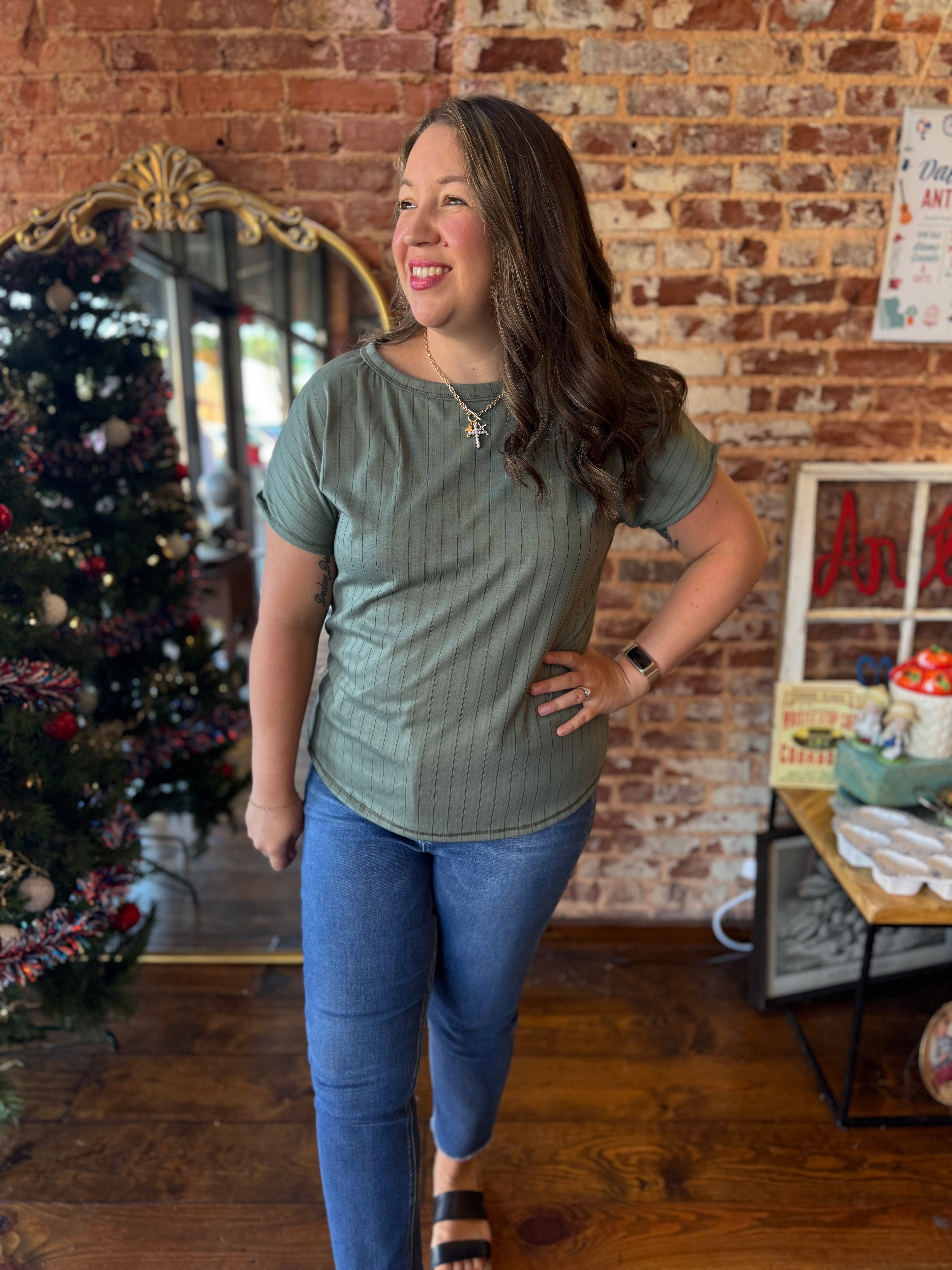 Tristan Ribbed Knit Top in Dark Sage