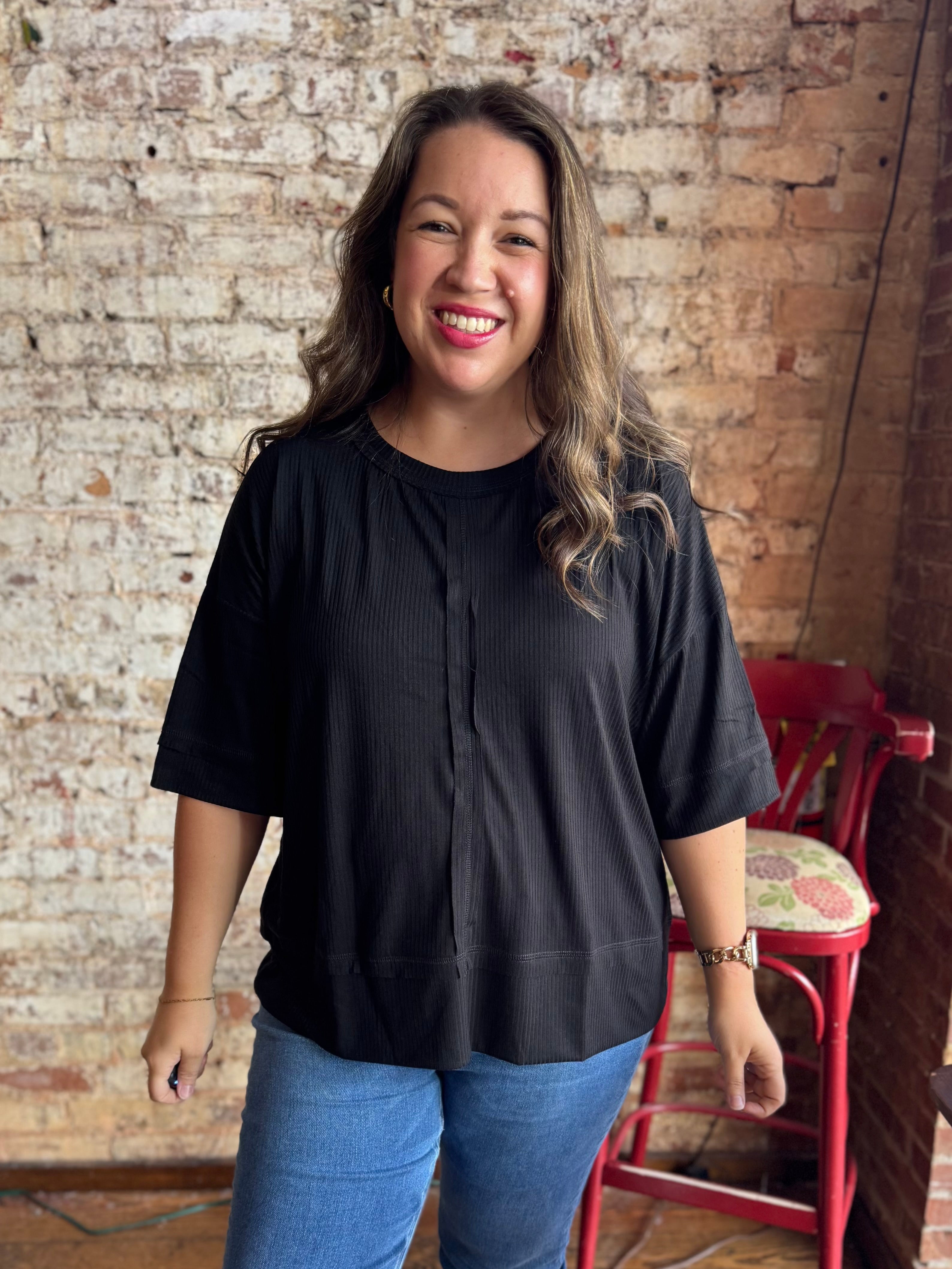 Simple Oversized Ribbed Knit Top in Black
