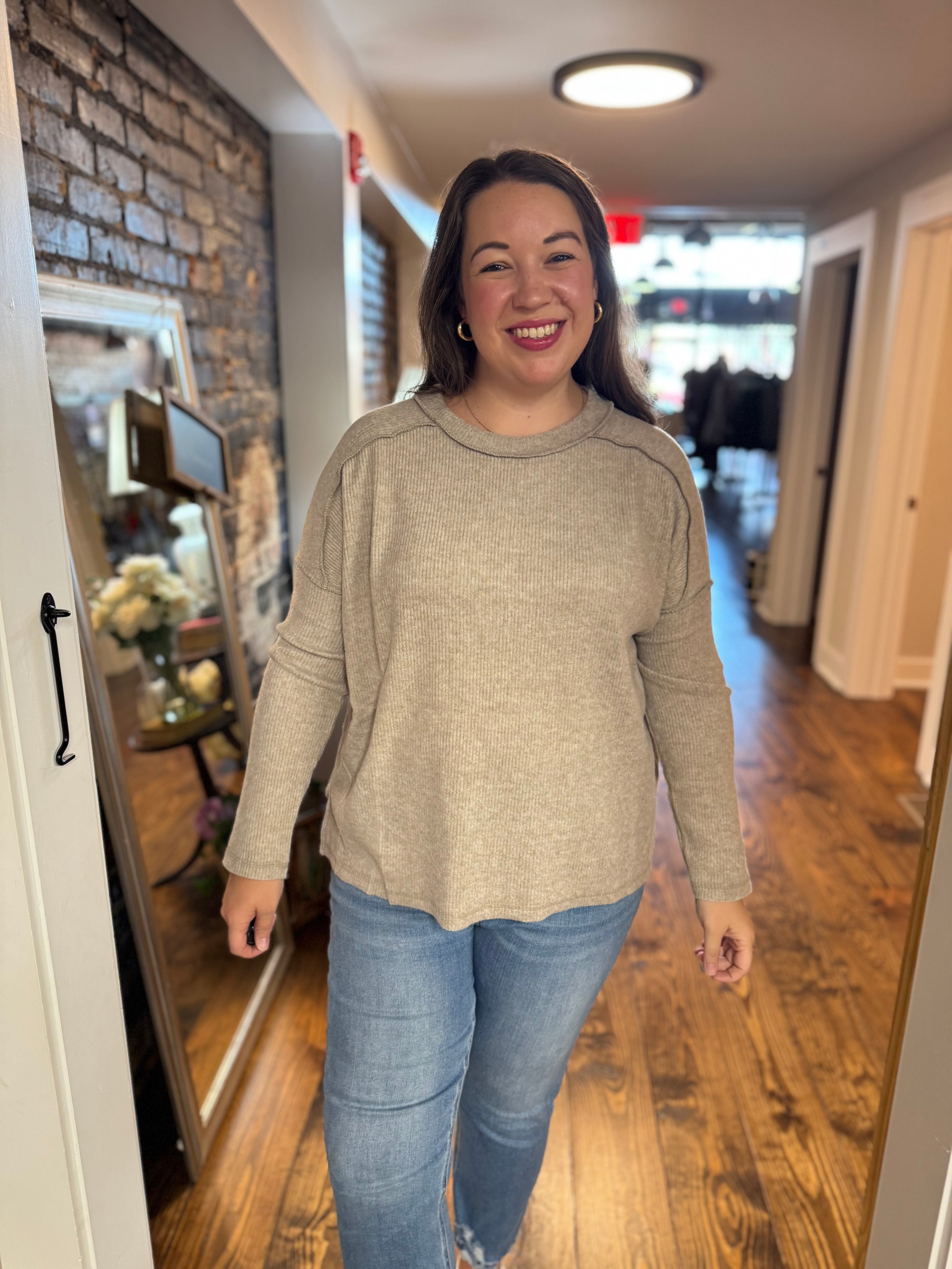 Simple Oversized Ribbed Hacci Top in Beige