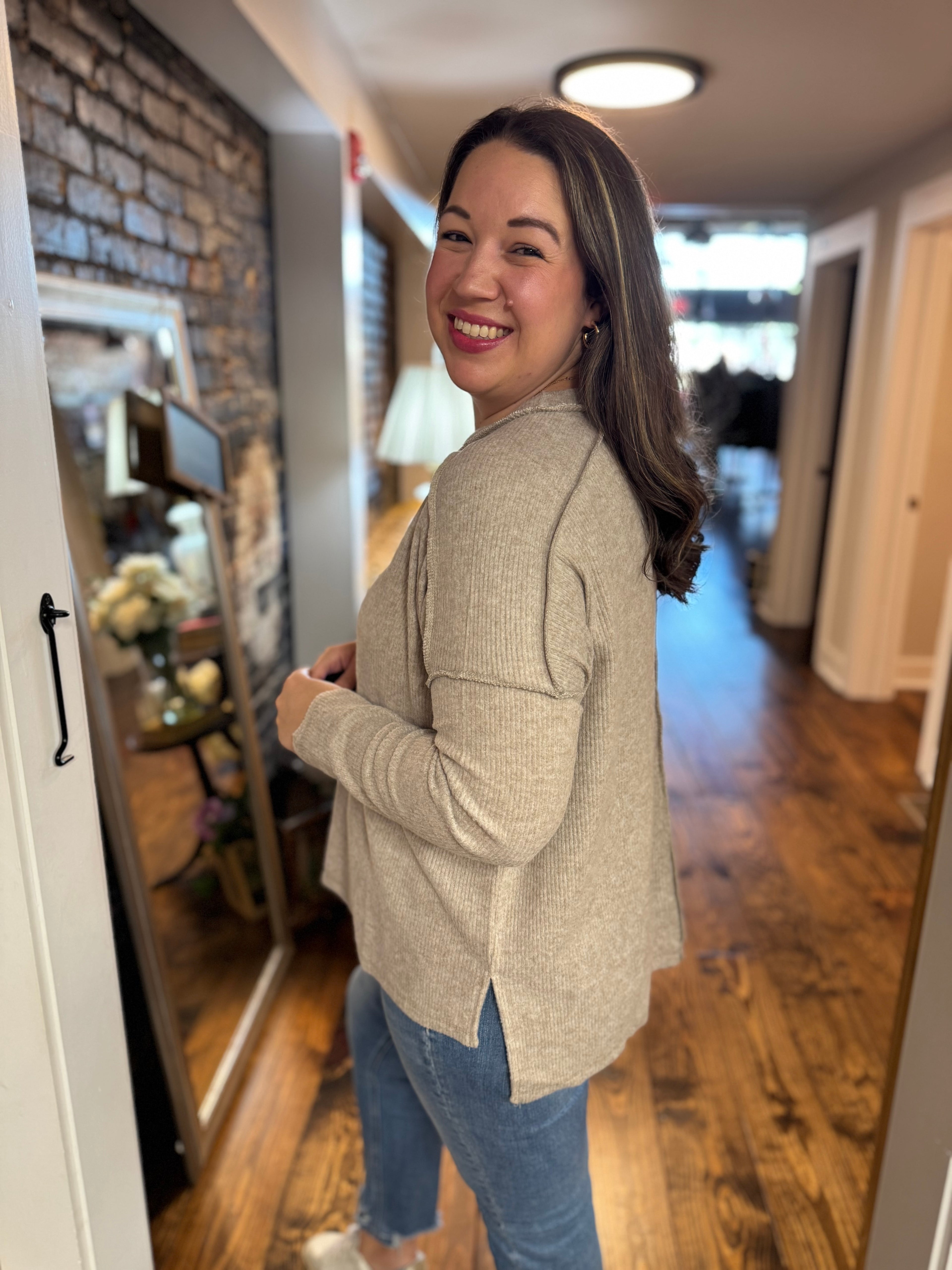 Simple Oversized Ribbed Hacci Top in Beige