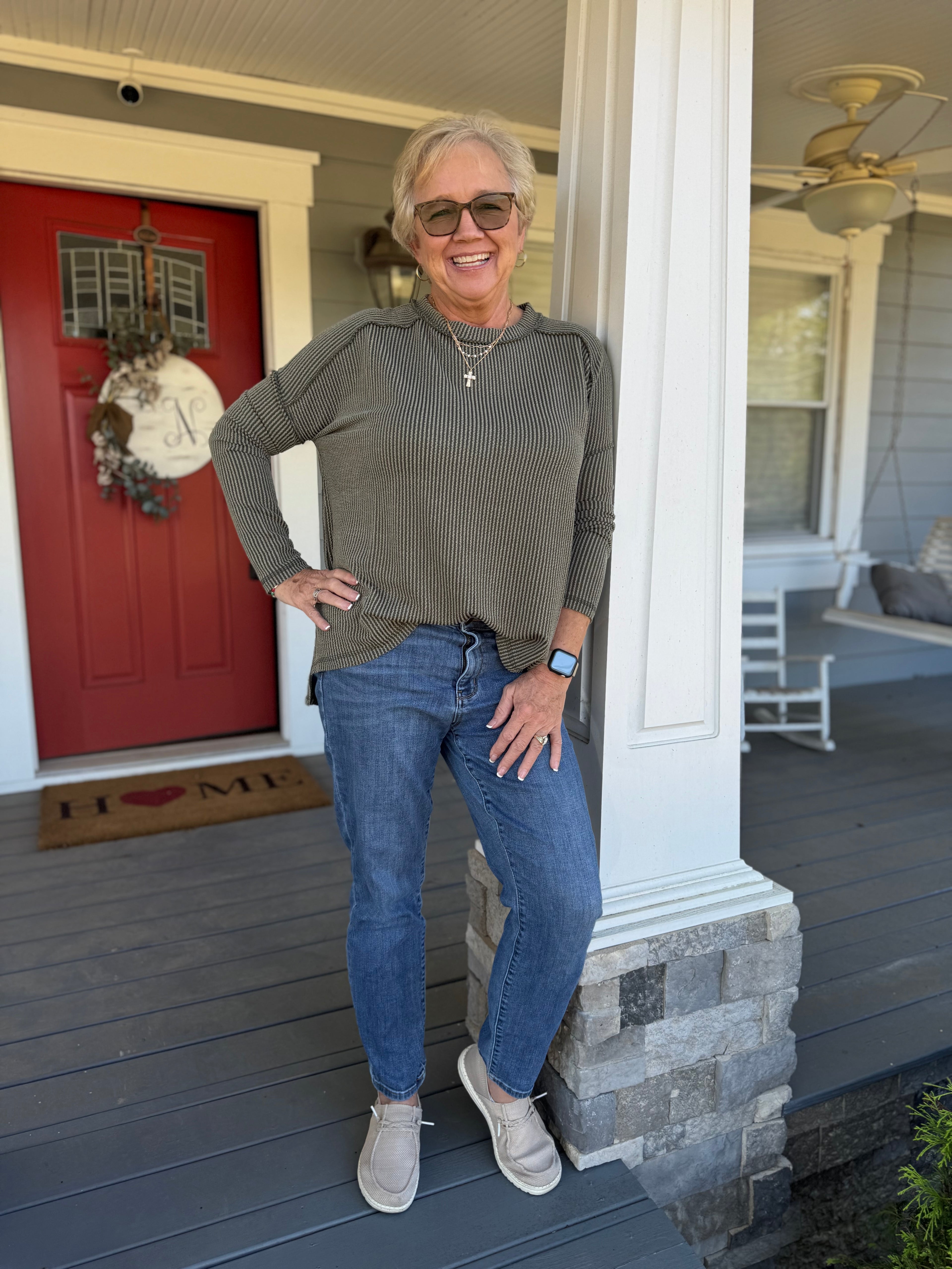 Simple Long Sleeve Ribbed Knit Top - Olive