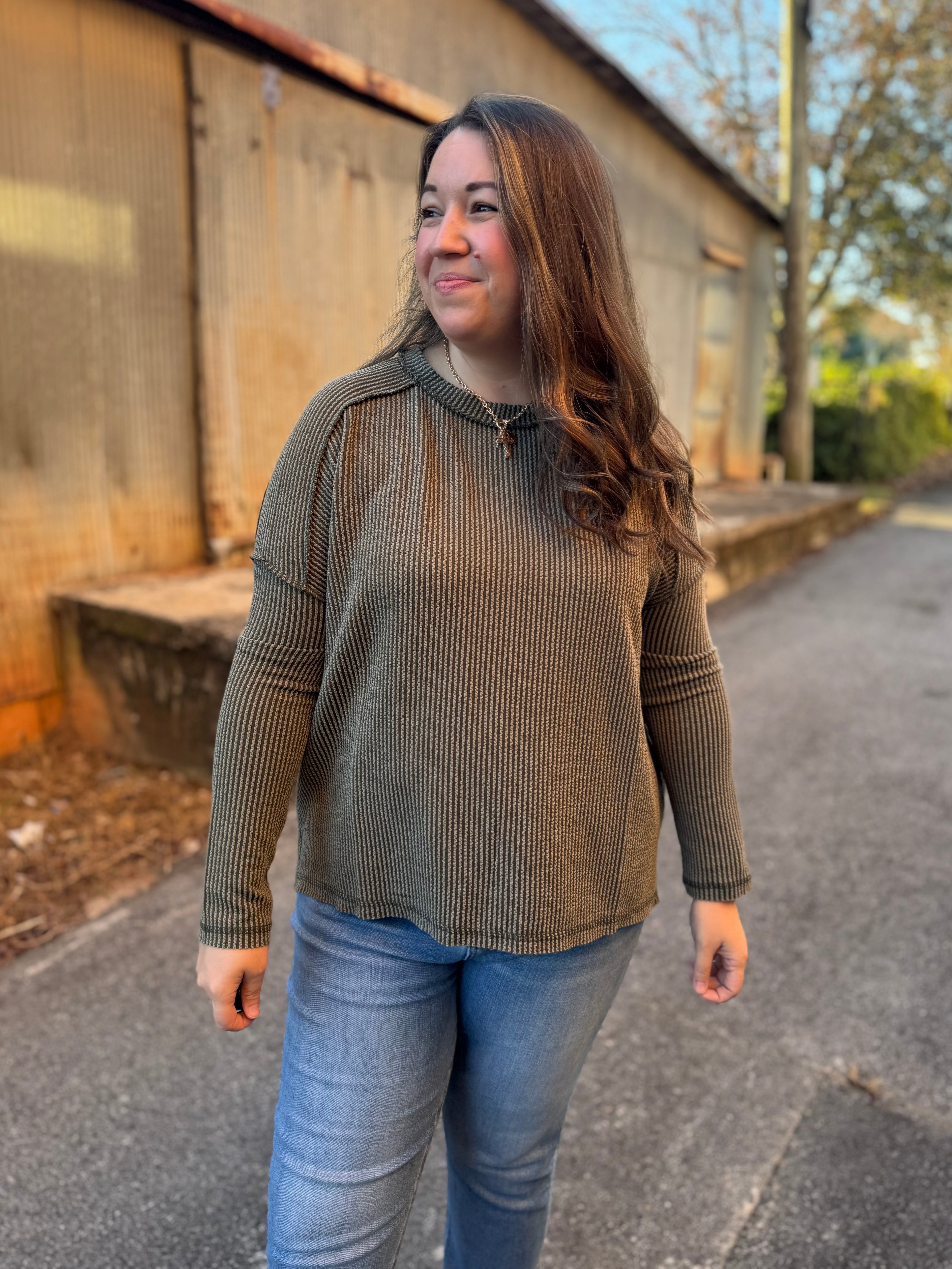 Simple Long Sleeve Ribbed Knit Top - Olive