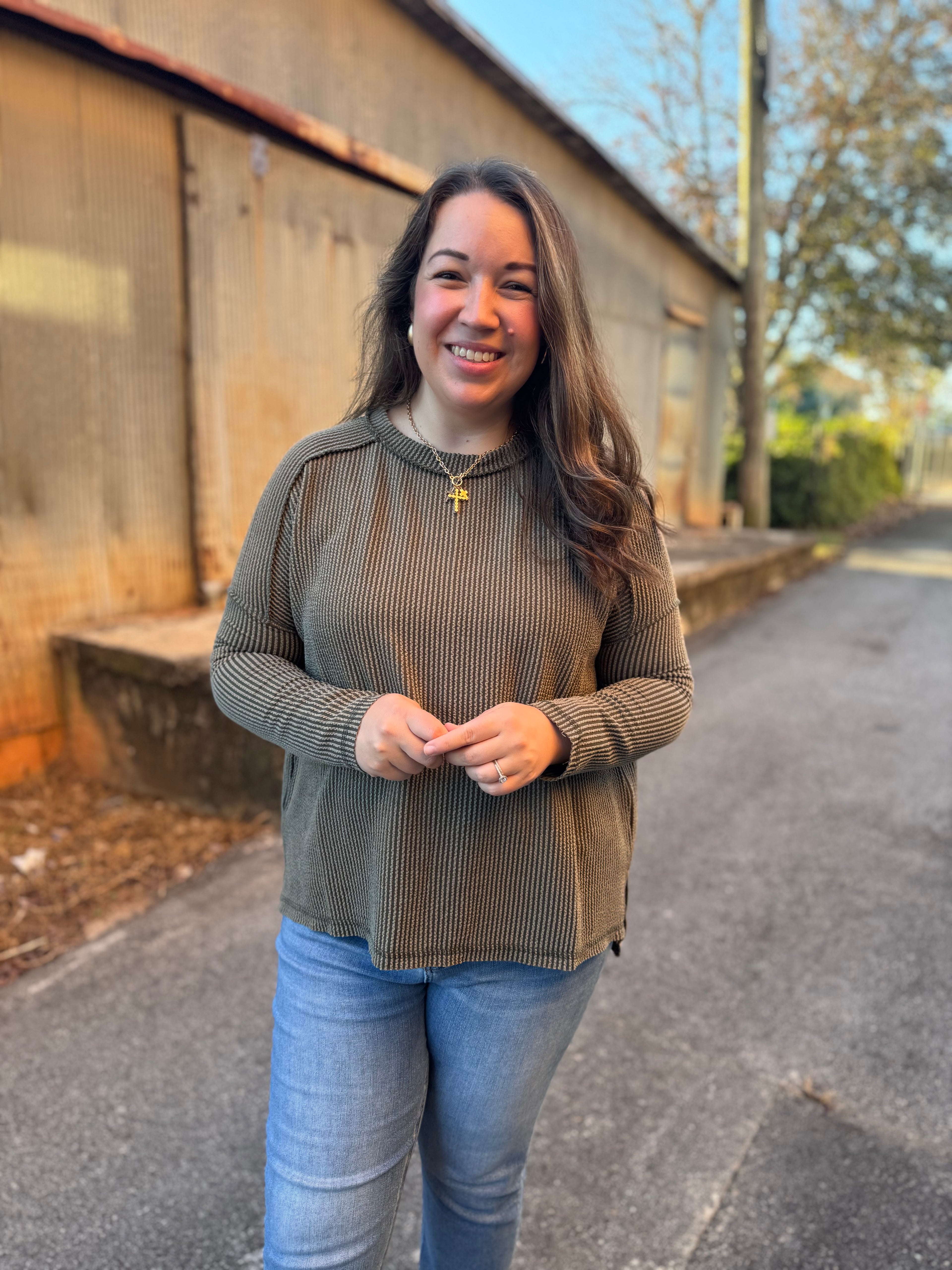 Simple Long Sleeve Ribbed Knit Top - Olive