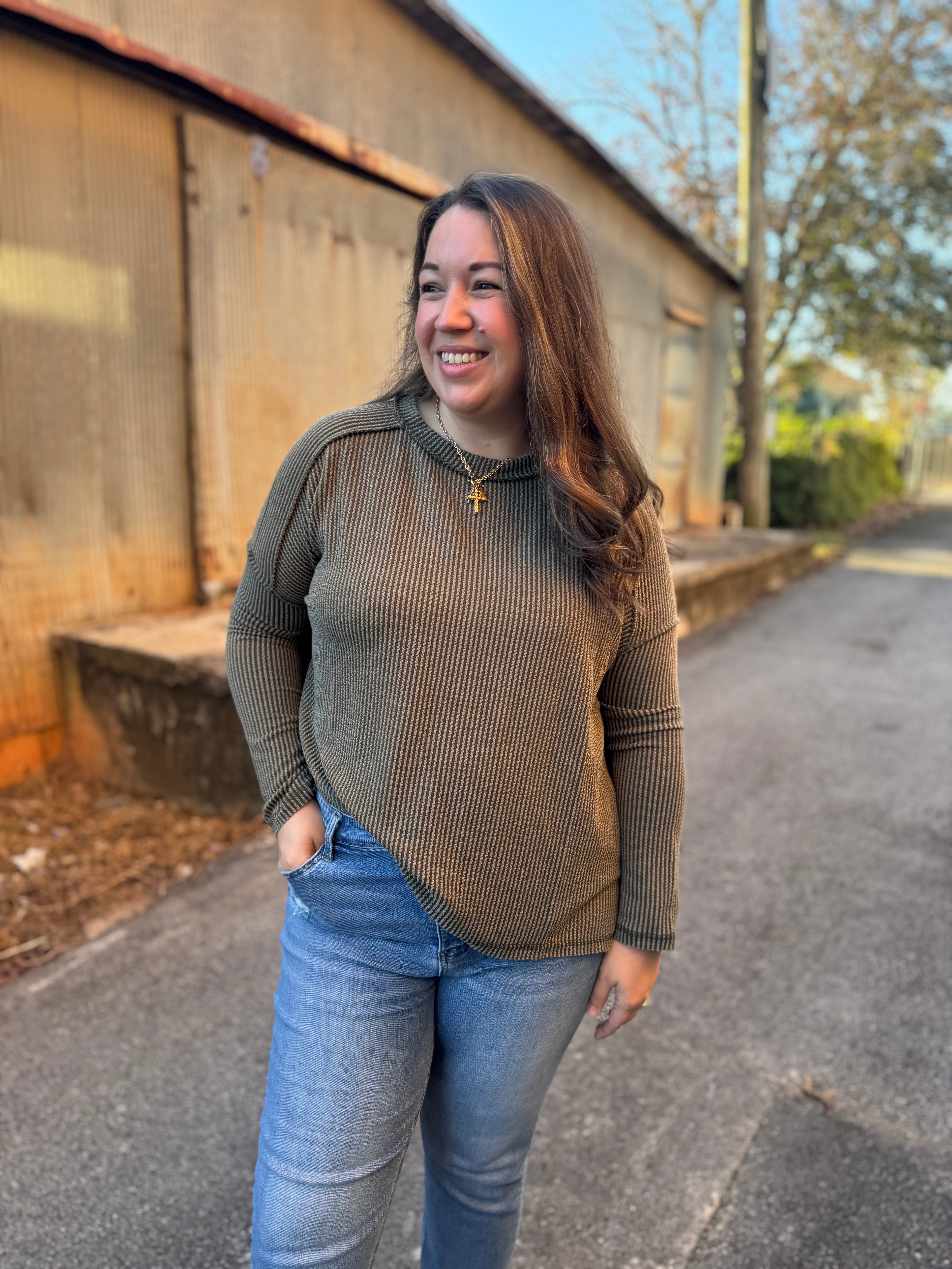 Simple Long Sleeve Ribbed Knit Top - Olive