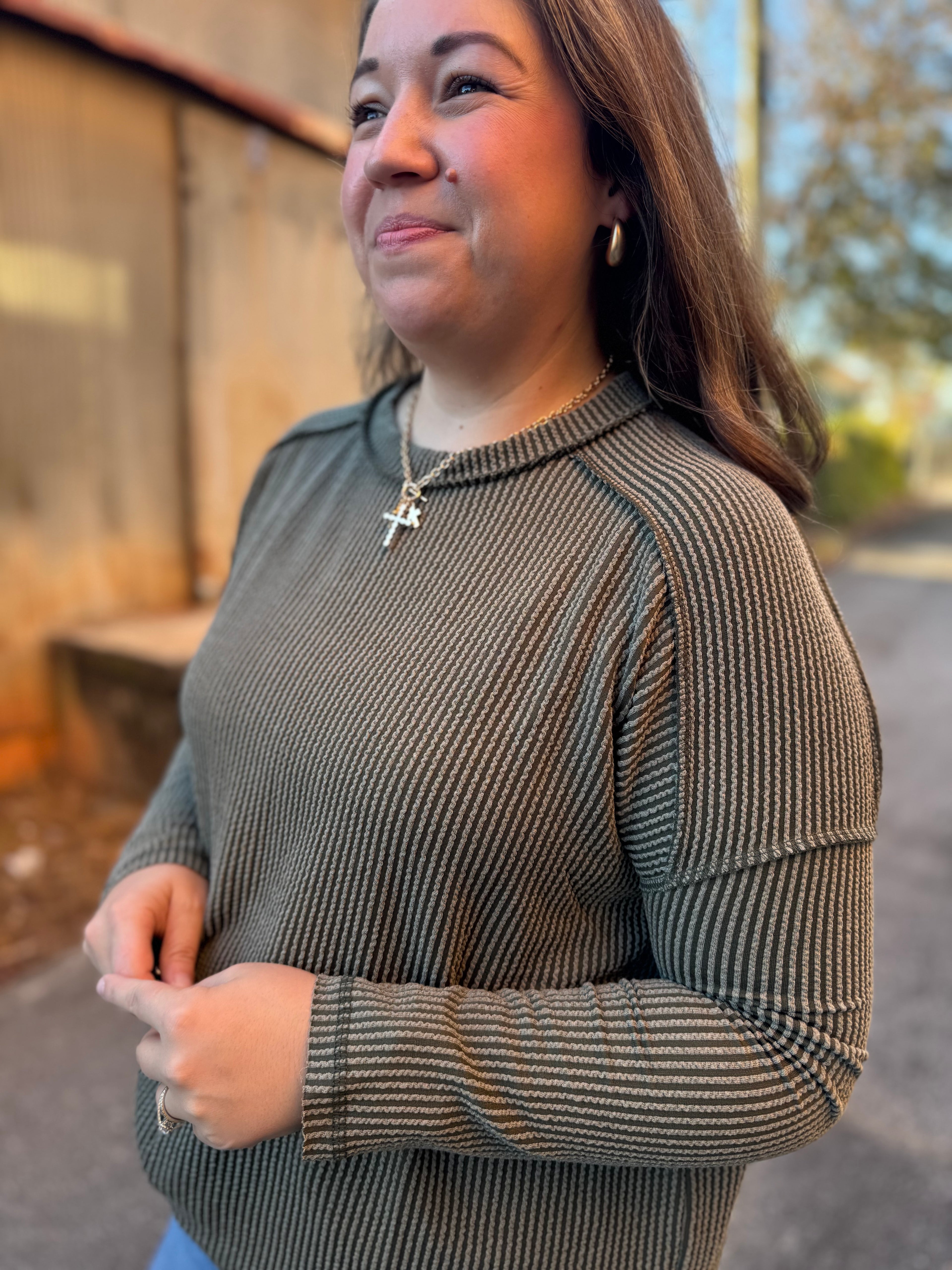 Simple Long Sleeve Ribbed Knit Top - Olive
