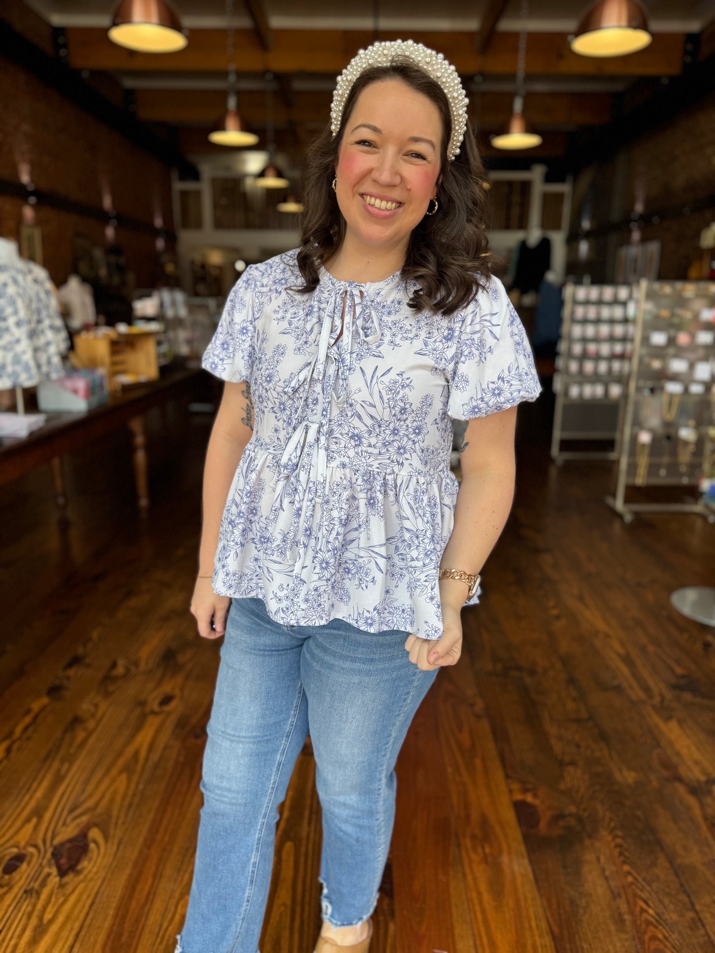 Lauren Floral Bow Peplum Blouse in Blue/White