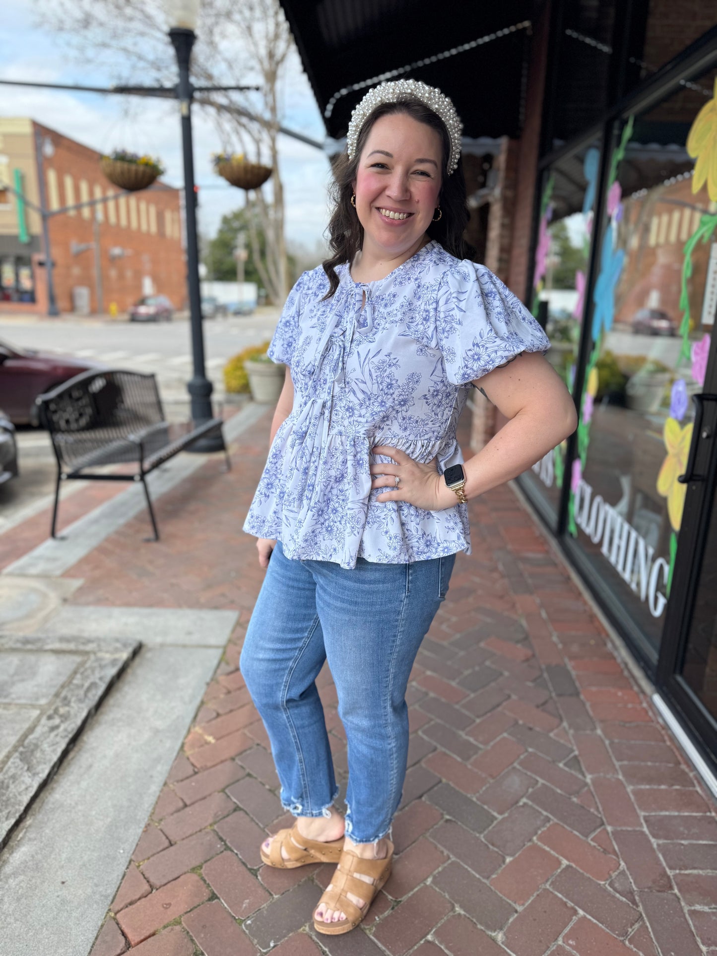 Lauren Floral Bow Peplum Blouse in Blue/White