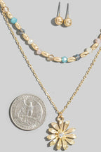 Flower Pendant Mixed Beaded Layered Necklace