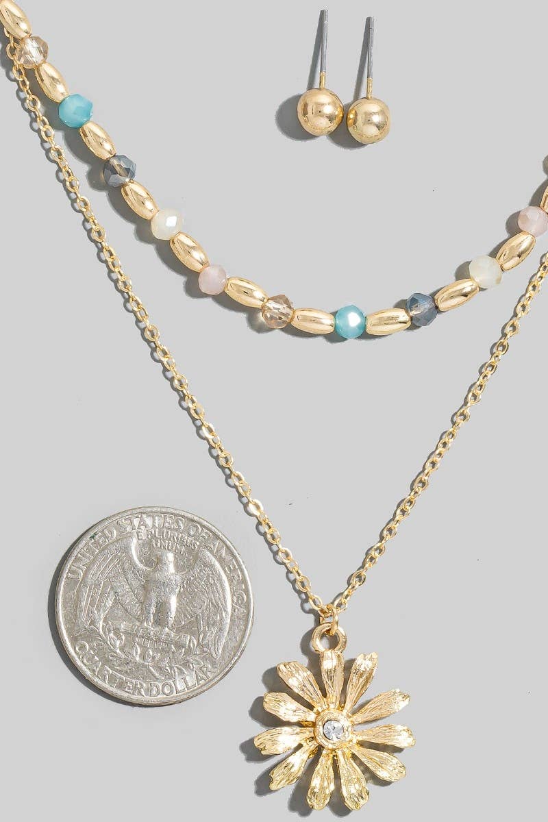 Flower Pendant Mixed Beaded Layered Necklace