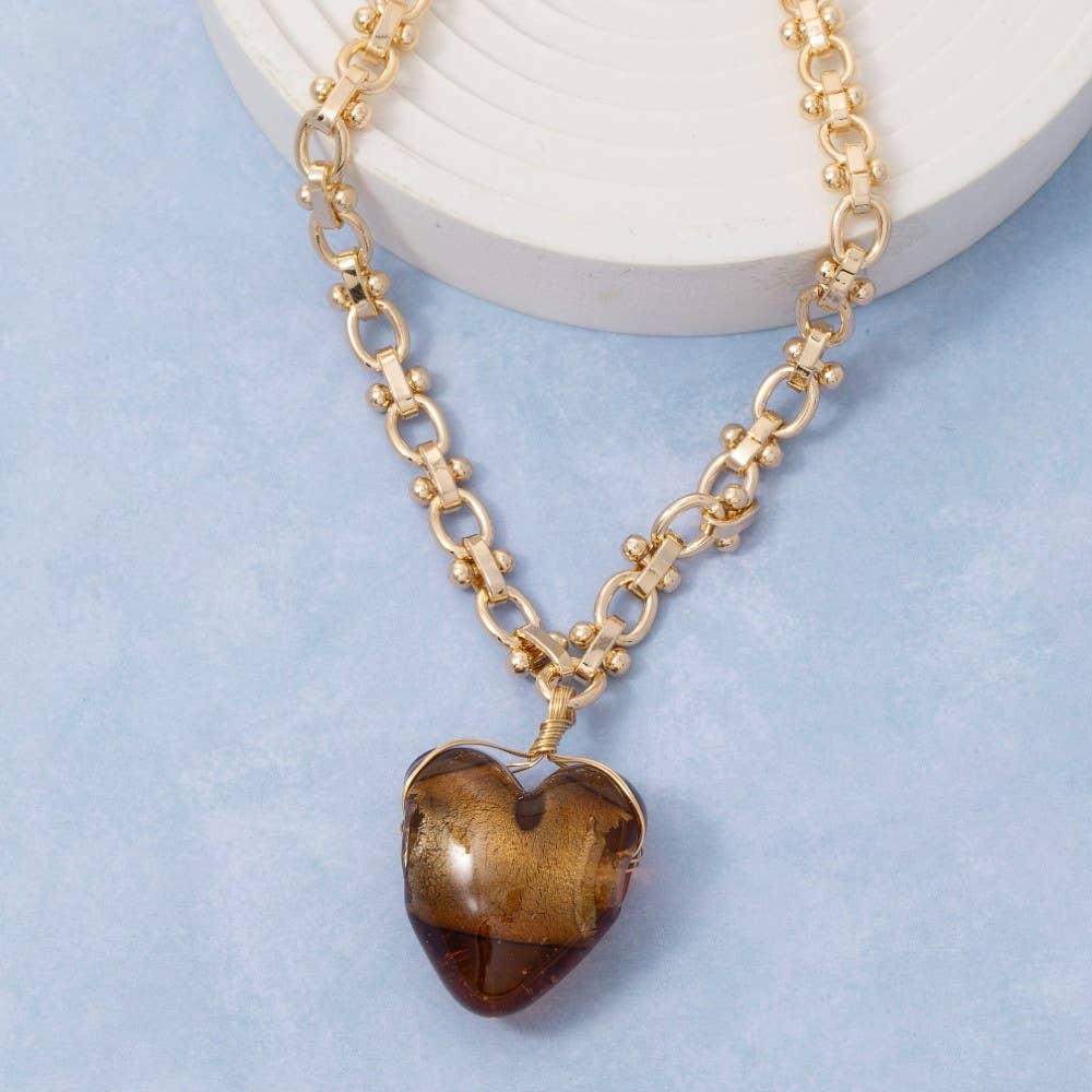 Brown Glass Heart Pendant Necklace
