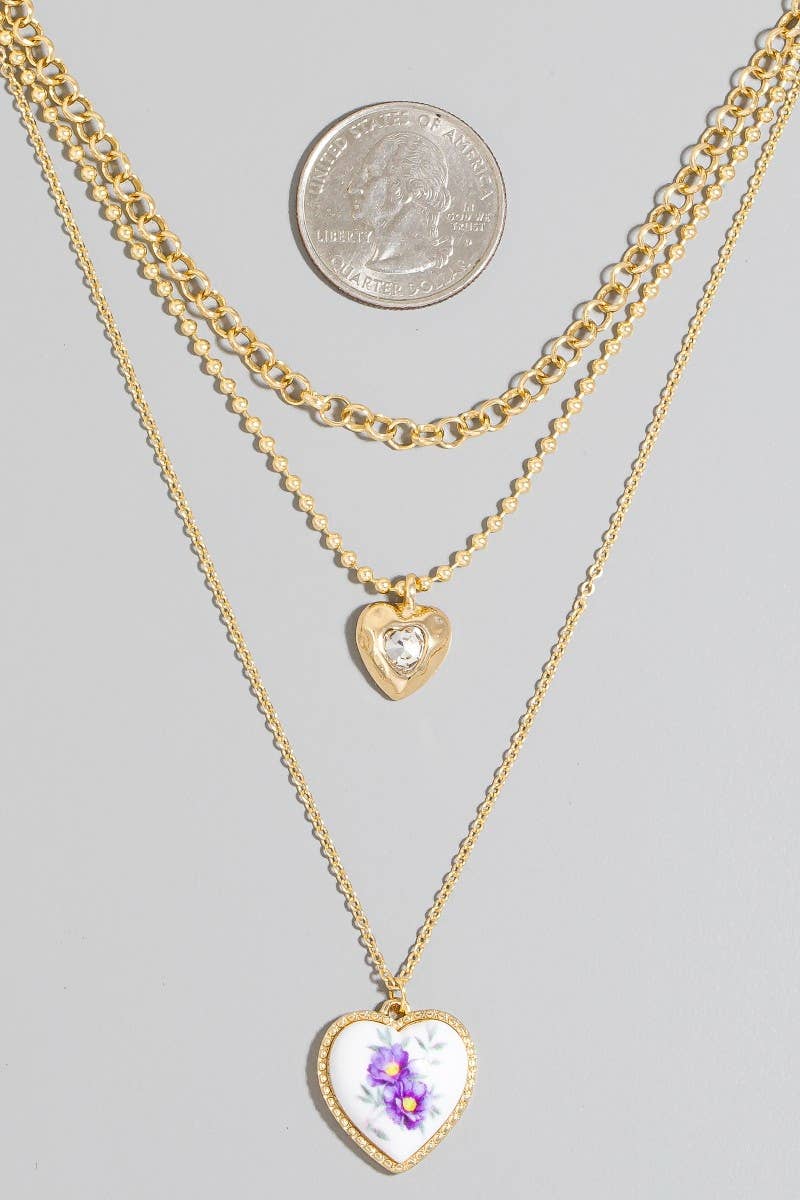 Floral Ceramic Heart Pendant Layered Necklace