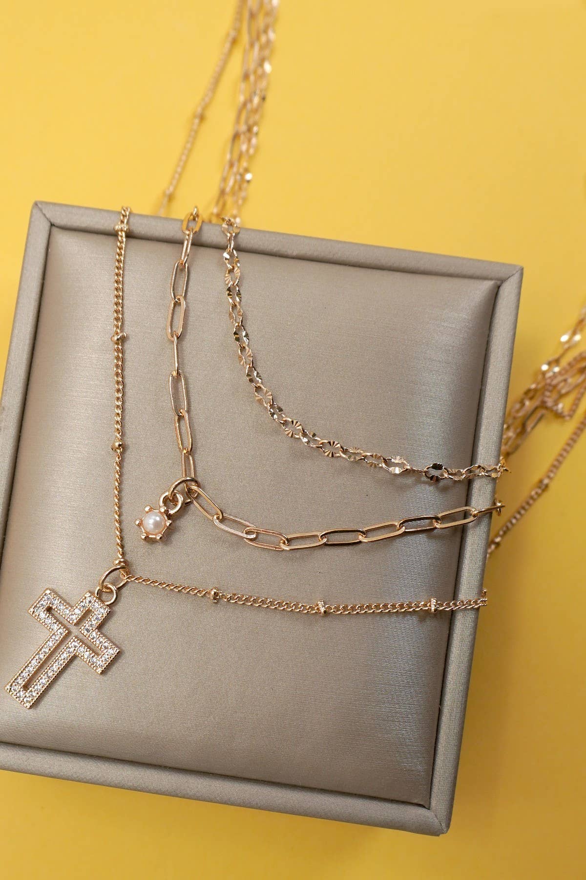 MULTI LAYER SET RHINESTONE CROSS PENDANT NECKLACE