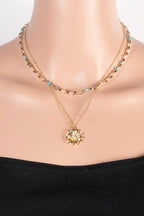 Flower Pendant Mixed Beaded Layered Necklace