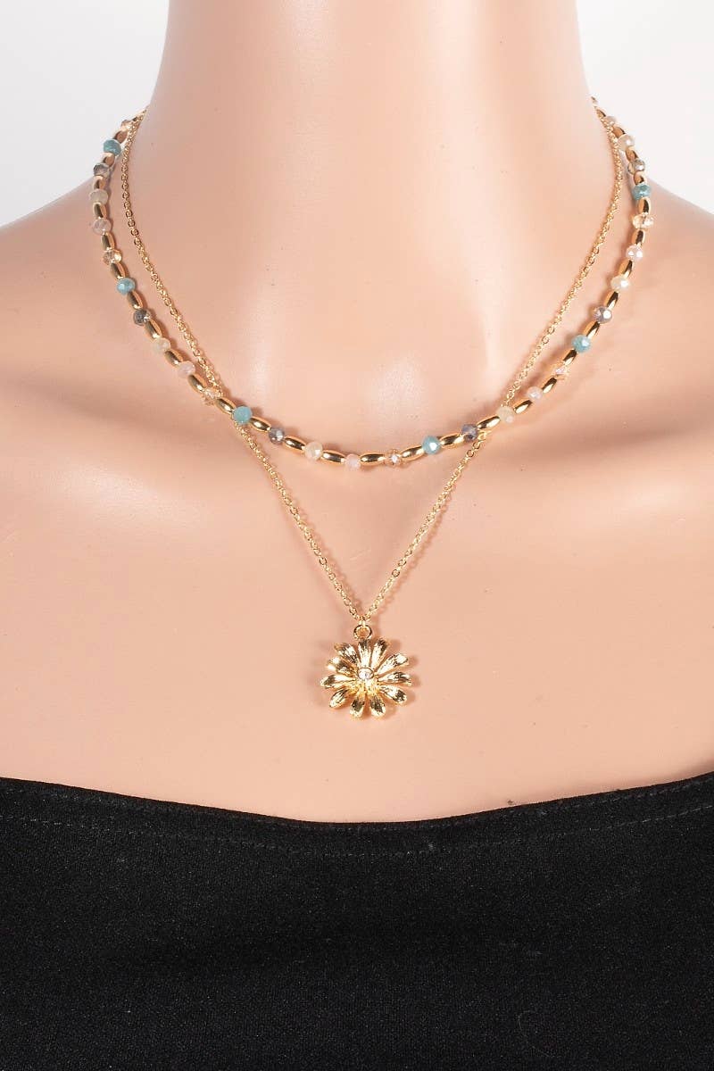Flower Pendant Mixed Beaded Layered Necklace