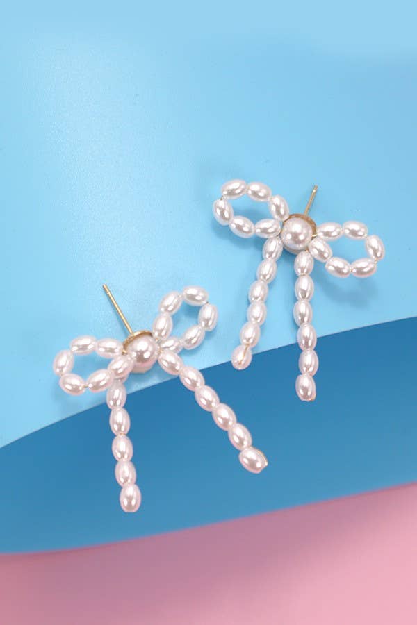 Pearl Bead Bow Ribbon Earrings
