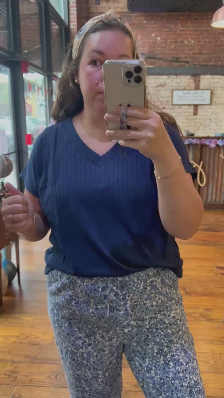 Camille Ribbed V Neck Top in Navy