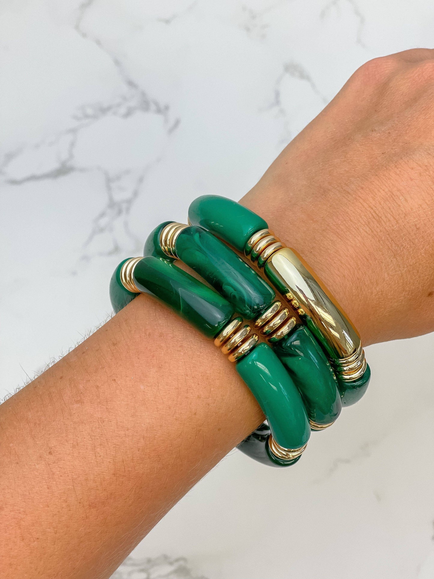 Acrylic Tube Stretch Bracelet Set of 3 - Emerald Green